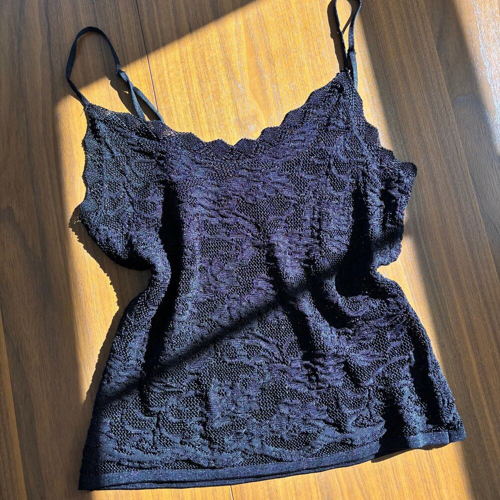 2000s Chico's‎ Slinky Knit Lace Mesh Tank Cami Shimmery Black Y2K Top Small